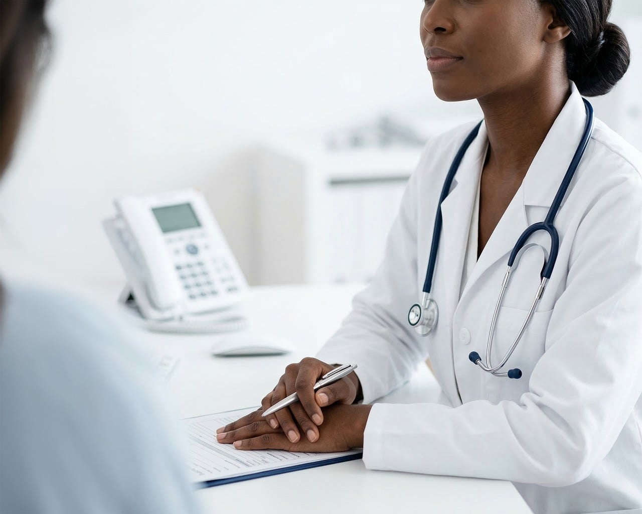 Een vrouw in gesprek met haar arts tijdens een medisch consult