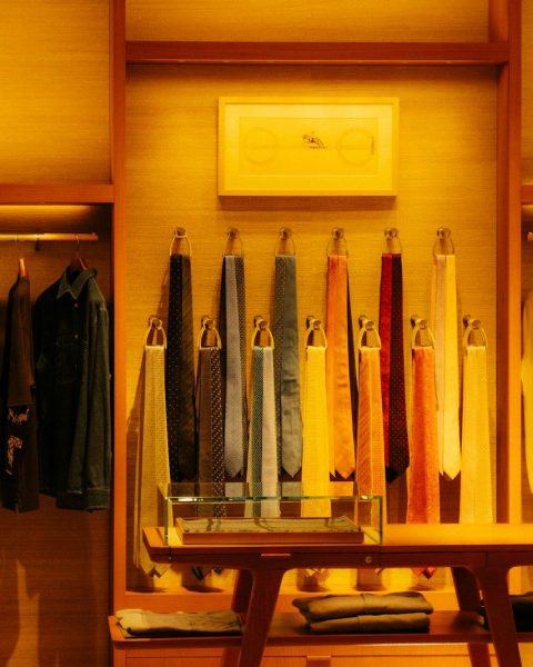 Clothing displayed in a well-lit boutique store.